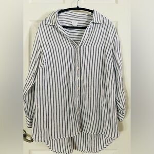 Sigrid Olsen Black and White Striped Linen Shirt XL